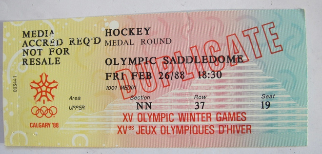 Pääsylippu Calgary Olympia 1988 Lehdistö Jääkiekko Hockey