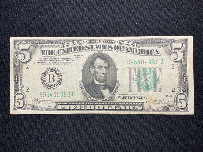 Federal Reserve Note 5 Dollars 1934 B