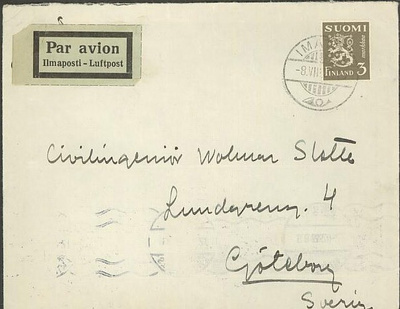M30 1930 3mk lentokirje Ruotsiin 1935 - tuloleima