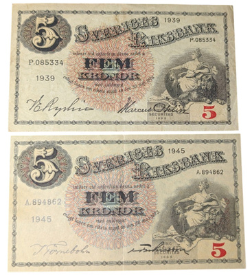 Ruotsi 5 Kronor 1939 + 1945