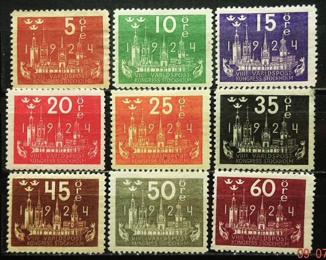RUOTSI 3. POSTILIITTO  HYVÄ 9 KPL* SARJA 1924...MIC. 150 EU
