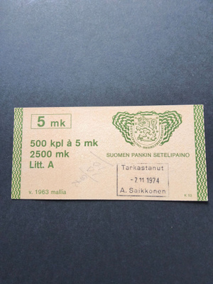 5mk:n Setelinipun tarkastuskortti v.1963 mallia