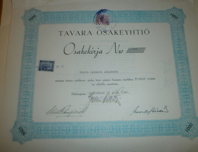 Tavara Osakeyhtiö, osakekirja 1 000,-, 1940 (Ahlström)