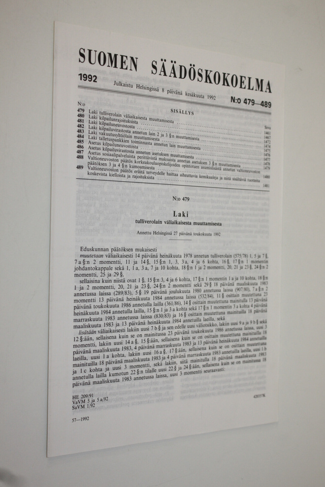 Suomen säädöskokoelma 1992 n:o 479-489