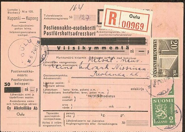 M60 1945 20mk postitalo ym R-postiennakko asiakirja