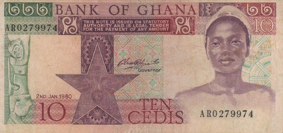 (B0073) GHANA, 1980. 10 Cedis. P-20b. VF