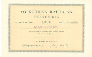 OKK osakekirja Kotkan Rauta Oy 1950