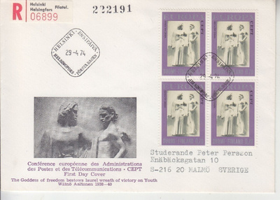 FDC 1974 Europa cept kirjattuna Ruotsiin.