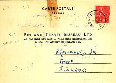 M54 1956 20 (mk) vastauspostikorttu Ruotsista