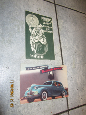 Vanha Buick-automainoskortti 1939 ja Philips-kortti