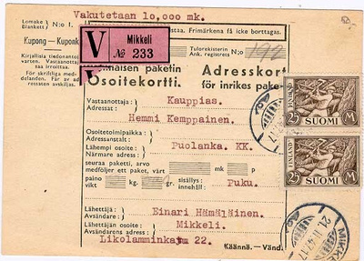 M30 1930 25mk puunhakkaaja pari vakuutettu paketti -47