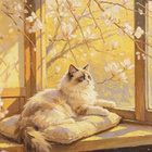 Kissa, kukkivat magnolian oksat - pikkukuva 1