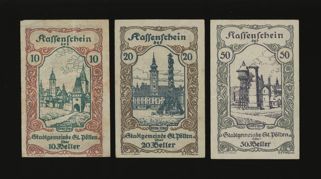 Itävalta Notgeld 10, 20, 50 Heller, St. Pölten VF