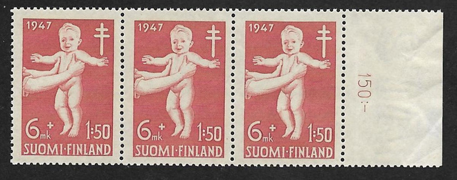 Tuberkuloosi 6+1mk 1947 (LAPE 3x337) ** rivilö