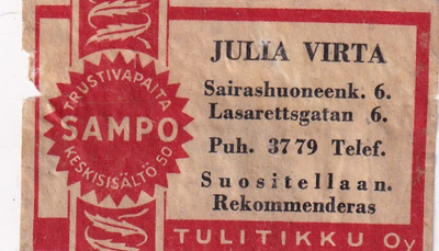 Julia Virta, Sairashuoneenk. 6.  Sampo, Tulitikku Oy    s37
