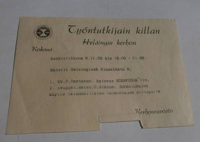 Helsinki 1950, Työntutkijain Kilta, Kokouskutsu, p. 1950