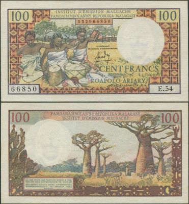 Madagascar 100 Francs 1966 (P-57) UNC, harvinaisempi