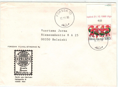 1986 joulupostimerkki 1,60 mk kirjeellä