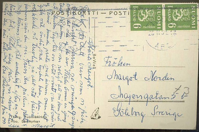 M30 1948 6mk vihreä leijona pari kortti Ruotsiin
