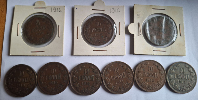 10 penniä 1910, -11, 2x-14, -15, 3x-16, -17