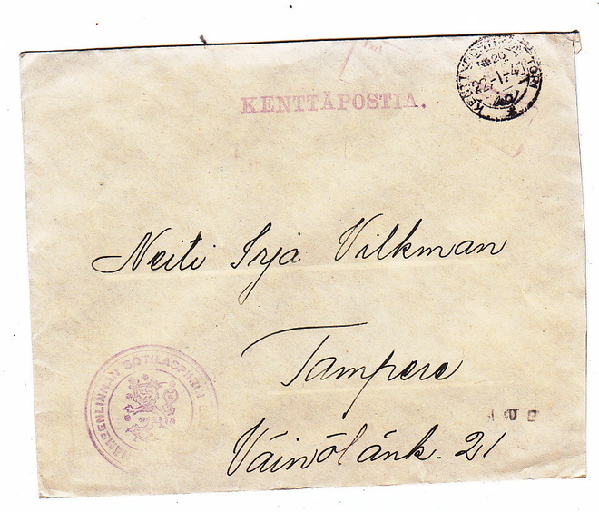 Kenttäposti Kuori Sotilaspiirin Esikunta Hämeenlinna 1940