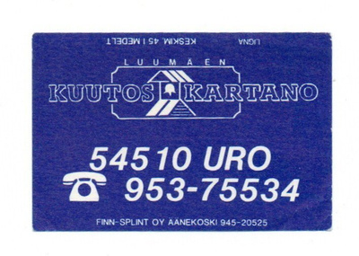 KUUTOS KARTANO: Luumäki.Tulitikkuetiketti