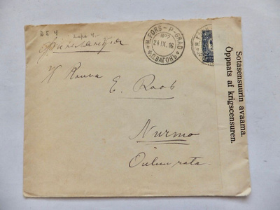 VANHA Kuori Venäjä - Suomi 1916 Sensuuri Vaasa Junaleima ym