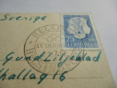 1952 Hki XV olympialaiset 21.7. kortti Ruotsiin