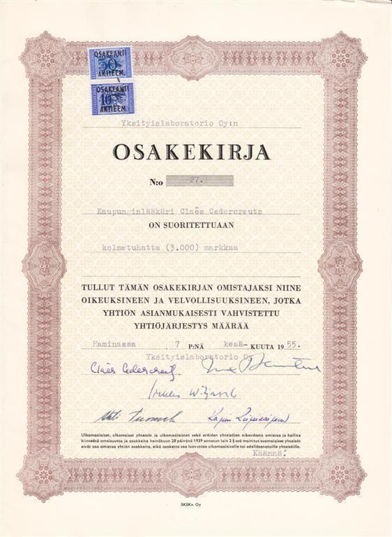 OKK 1955 Yksityislaboratorio Oy, Hamina osakekirja