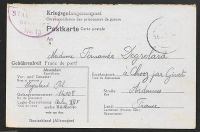 Sotavankikortti Saksasta Ranskaan 21.11.1943