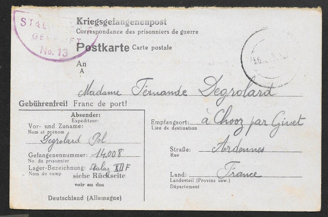 Sotavankikortti Saksasta Ranskaan 21.11.1943