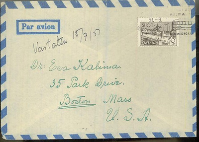 M30 1942 50mk Tampere lentokirje USAhan 1951