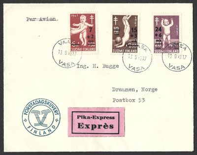 FDC 1948 Tuberkuloosi päällepainamamerkit LaPe 353 - 355