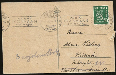 Viestillinen No 10 Hämeenlinna (1942) Varat isänmaan lainaan