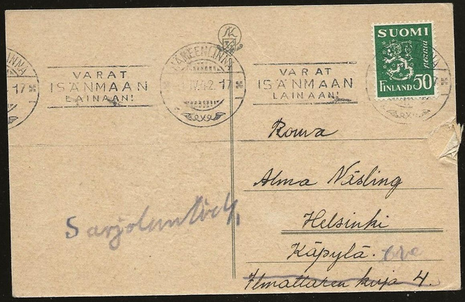 Viestillinen No 10 Hämeenlinna (1942) Varat isänmaan lainaan