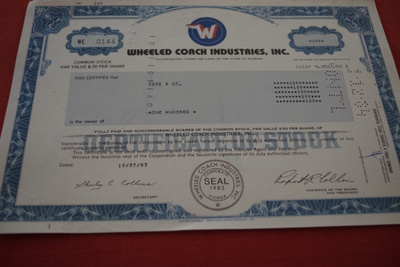 Osakekirja Wheeled Coach Industries, Inc 1983