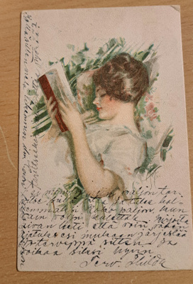 neito lukee kirjaa, kulkenut 1920, hyvät leimat ja merkki