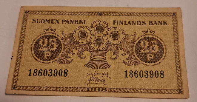 25 penniä seteli 1918.