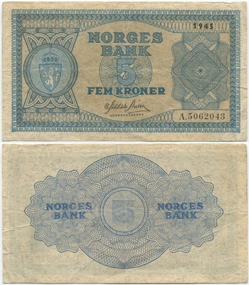 Norja Norway 5 Kroner 1945 (P-25a) F+/VF, A-sarjaa, harv.