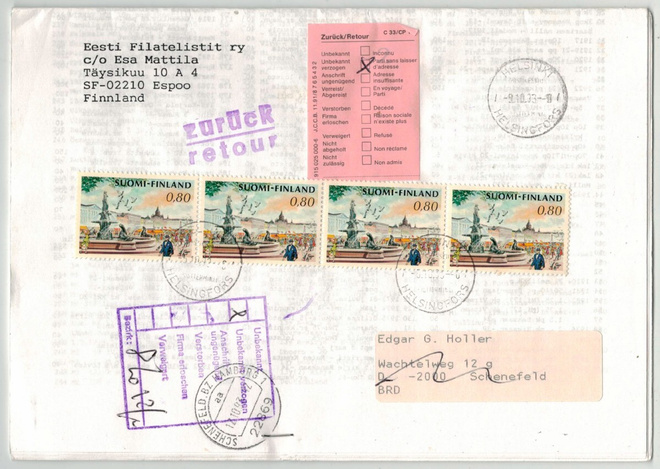 1976 Havis Amanda 80p  4-rivilö palautettu lähetys Saksasta