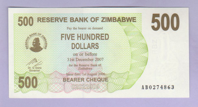 Zimbabwe 500 Dollaria v.2006 UNC P-43