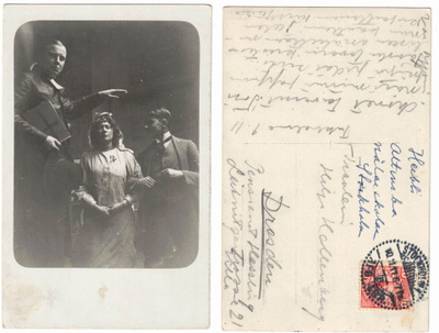 Vanha valokuvakortti, pappi ja mies ja nainen, v. 1911