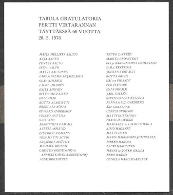 Tabula gratulatoria Pertti Virtarannan täyt. 60v 20.5.1978