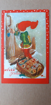Vanha Eeli Jaatinen joulukortti, tonttu ovella, v. 52
