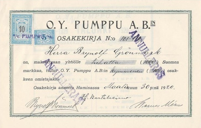 OKK 1920 Pumppu Oy, Hamina osakekirja