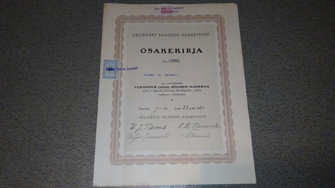Kausala Taimisto 1000mk 1927 Osakekirja 26/2