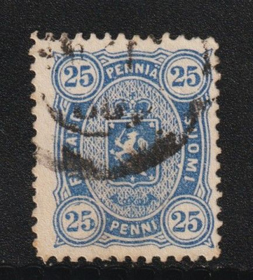 1885 25 p sininen Vaakunamerkki leimattuna, hyvä siirtymä