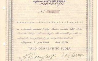 OKK osakekirja Talo-Osakeyhtiö Suoja Kuopio 1924 suojeluskun