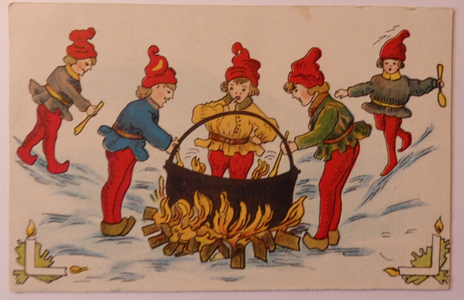 Tontut valmistavat joulupuuroa, postikortti kulk. 1920
