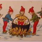Tontut valmistavat joulupuuroa, postikortti kulk. 1920 - pikkukuva 1